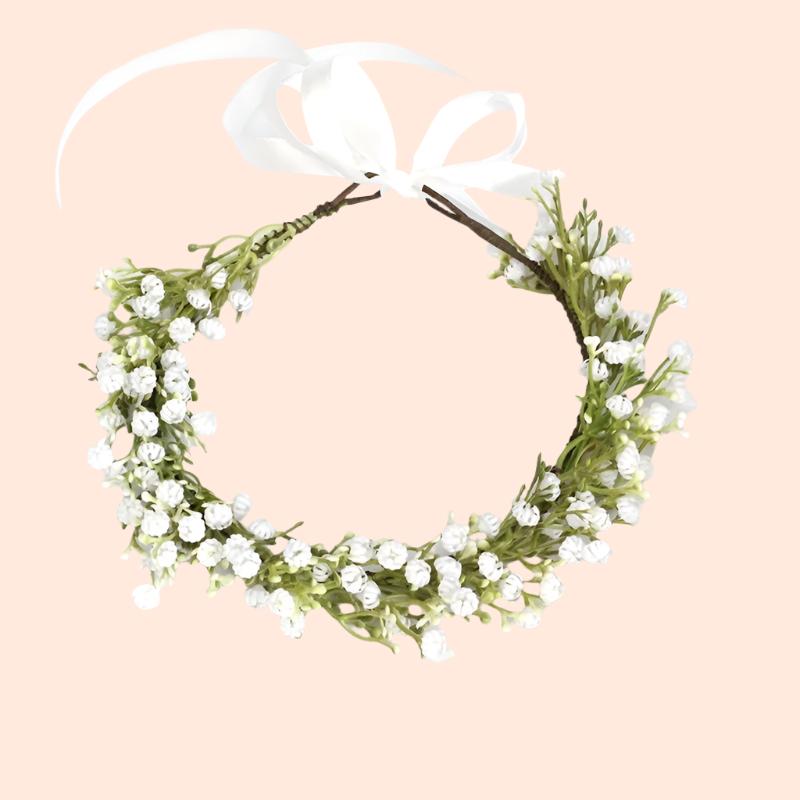 Charlotte white and green baby’s breath floral hair crown wreath for flower girls, perfect for weddings and special occasions.