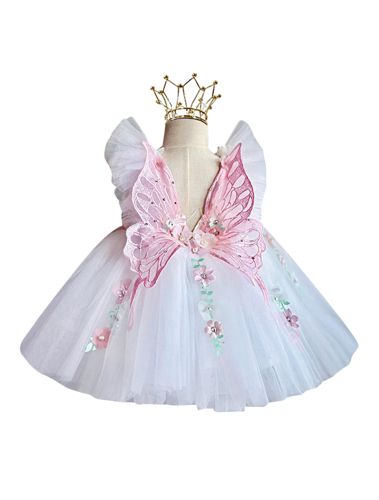 Mimi Miya "Ava" 3D Flower Butterfly Wing Girls Tulle Birthday/Party Dress - White/Pink - back