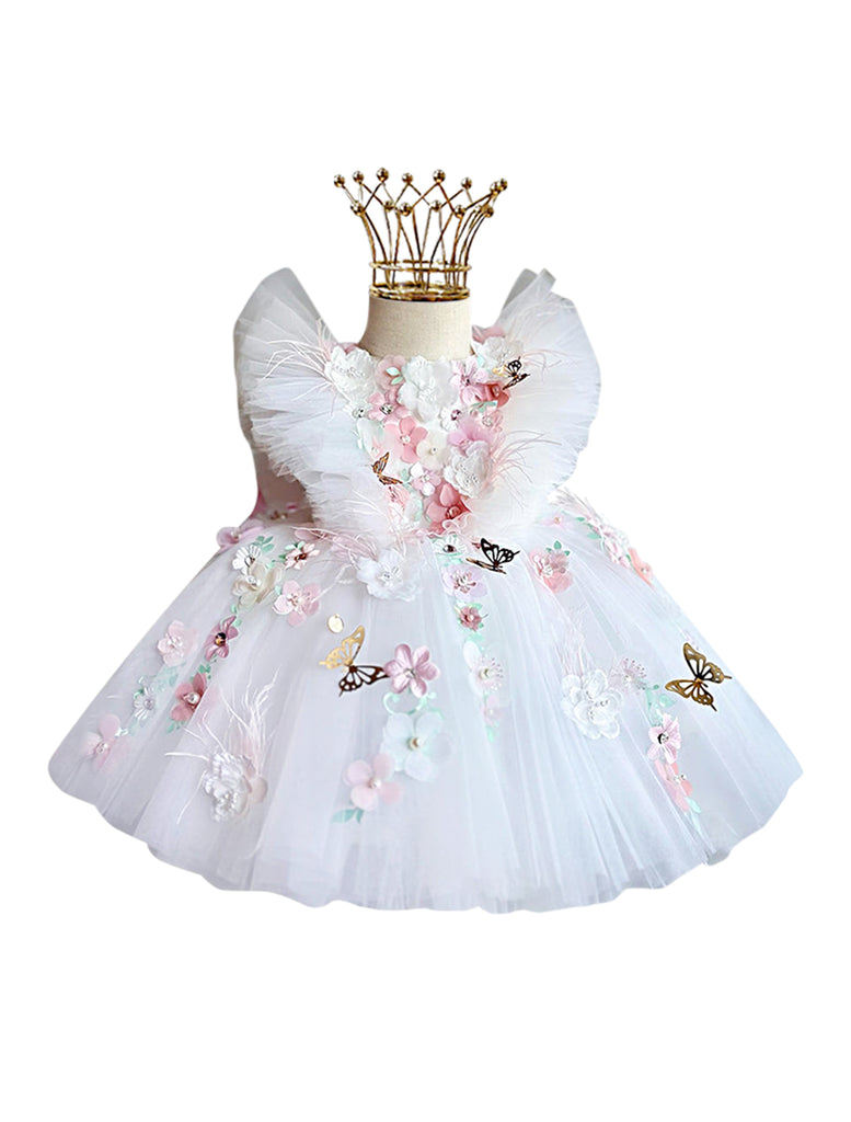 Mimi Miya "Ava" 3D Flower Butterfly Wing Girls Tulle Birthday/Party Dress - White/Pink - front