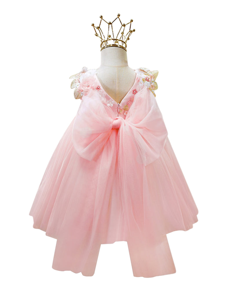 Mimi Miya "Beatrice" 3D Flower Golden Lace Girls Birthday/Party Tulle Dress - Pink - back