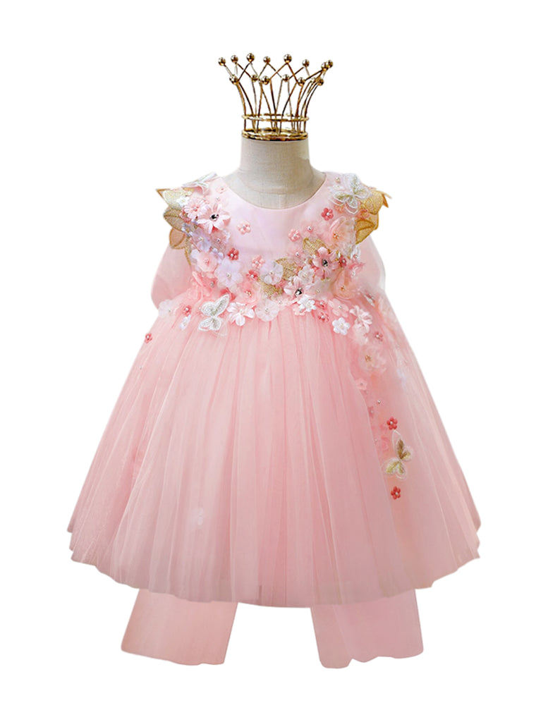 Mimi Miya "Beatrice" 3D Flower Golden Lace Girls Birthday/Party Tulle Dress - Pink - front