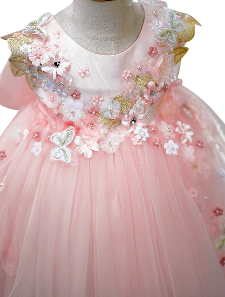 Mimi Miya "Beatrice" 3D Flower Golden Lace Girls Birthday/Party Tulle Dress - Pink - Front close up