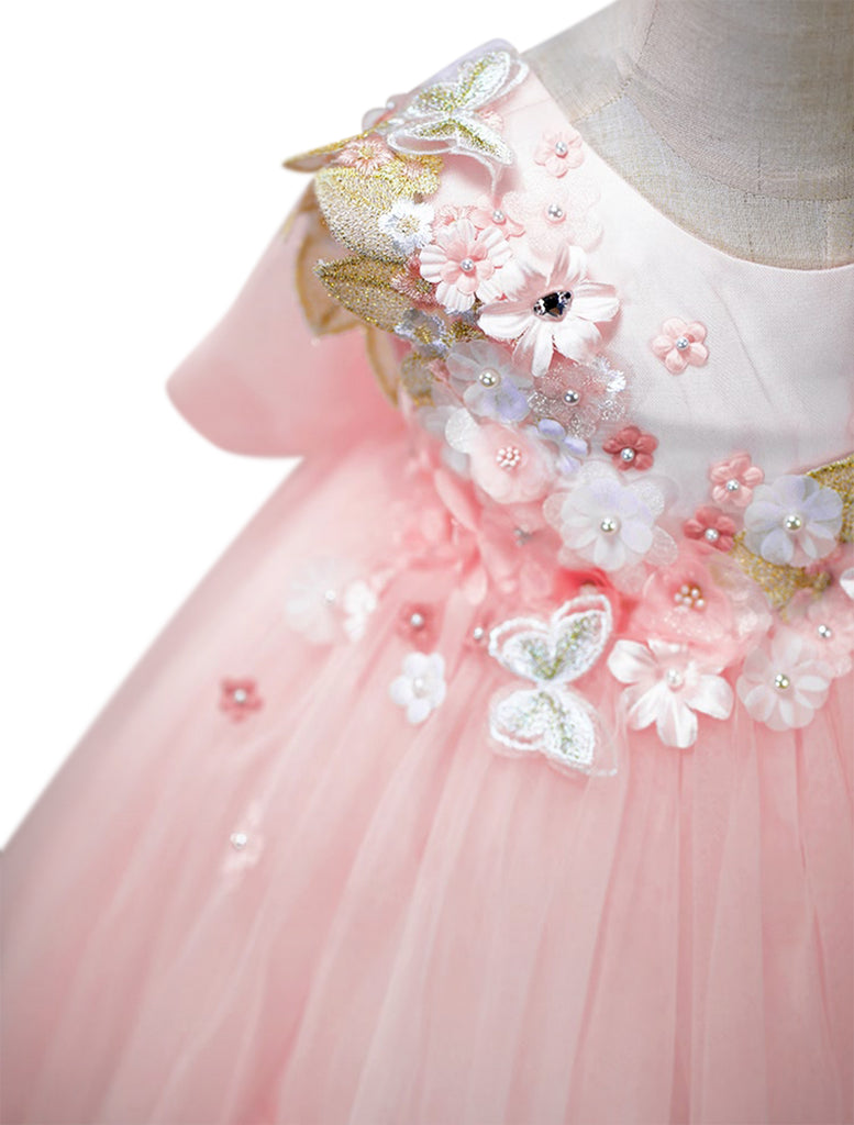 Mimi Miya "Beatrice" 3D Flower Golden Lace Girls Birthday/Party Tulle Dress - Pink - pearls