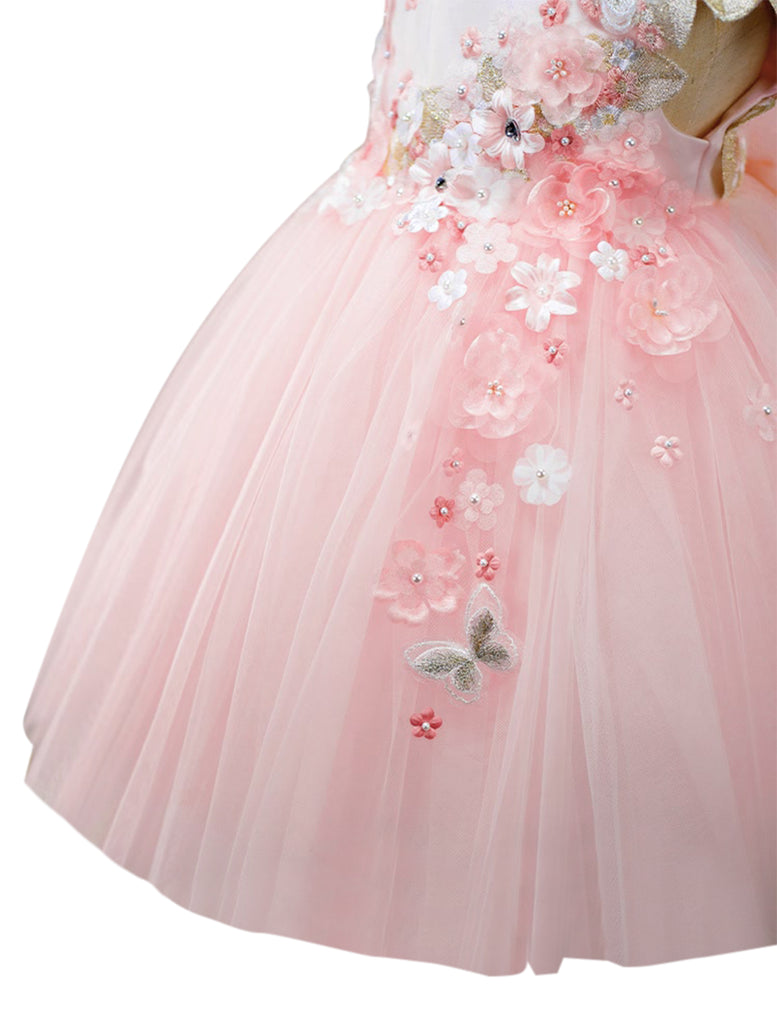 Mimi Miya "Beatrice" 3D Flower Golden Lace Girls Birthday/Party Tulle Dress - Pink - skirt detail