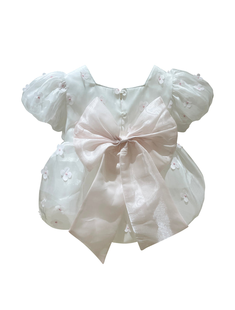 Mimi Miya "Lily" 3D Flower Girls Baby/Toddler Romper with Bow - Pink/White  - Back