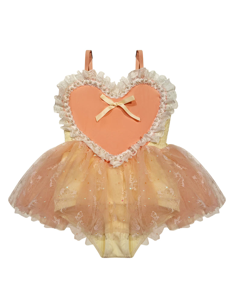 Mimi Miya “Mia” Heart, Pearl and Lace One Piece Tutu Girls Dress Swimsuit - Pink/Yellow - Front