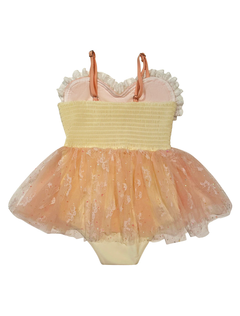 Mimi Miya “Mia” Heart, Pearl and Lace One Piece Tutu Girls Dress Swimsuit - Pink/Yellow - back