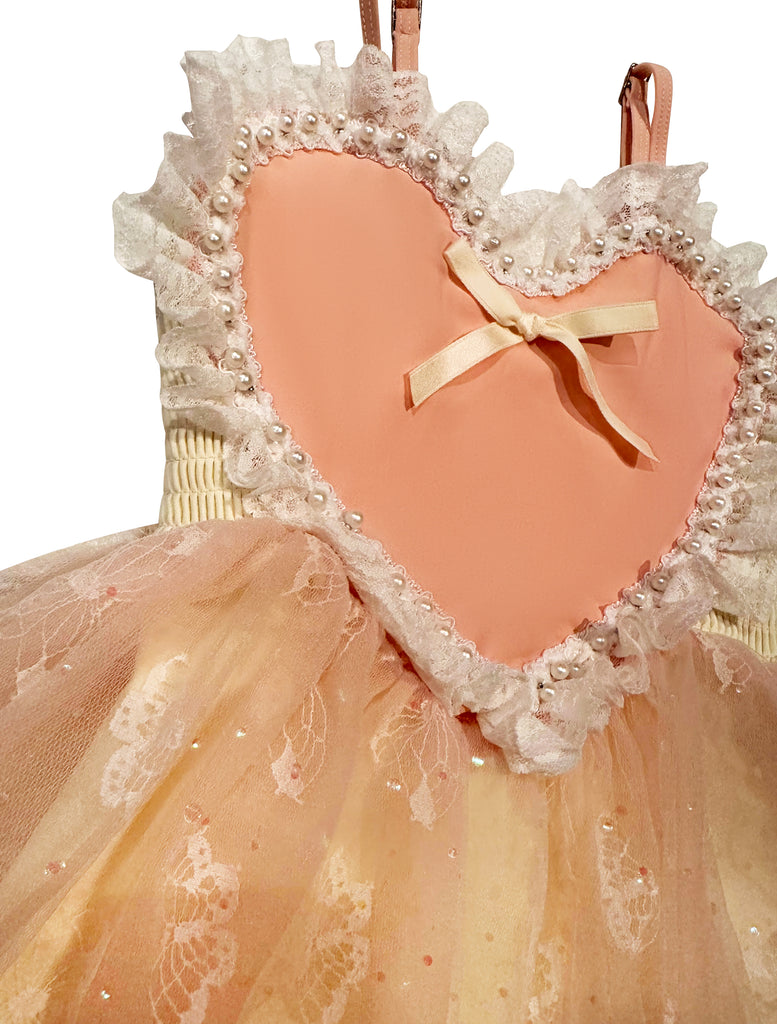 Mimi Miya “Mia” Heart, Pearl and Lace One Piece Tutu Girls Dress Swimsuit - Pink/Yellow - detail