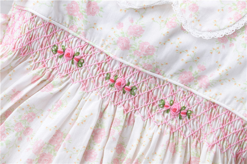 "Miranda" Girl's smocked dress - White and Pink Floral
