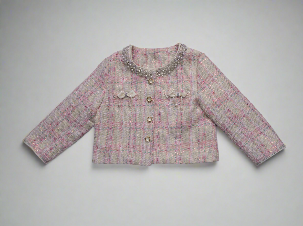 "Coco" Girl's Tweed with Pearls Dress and Jacket Set