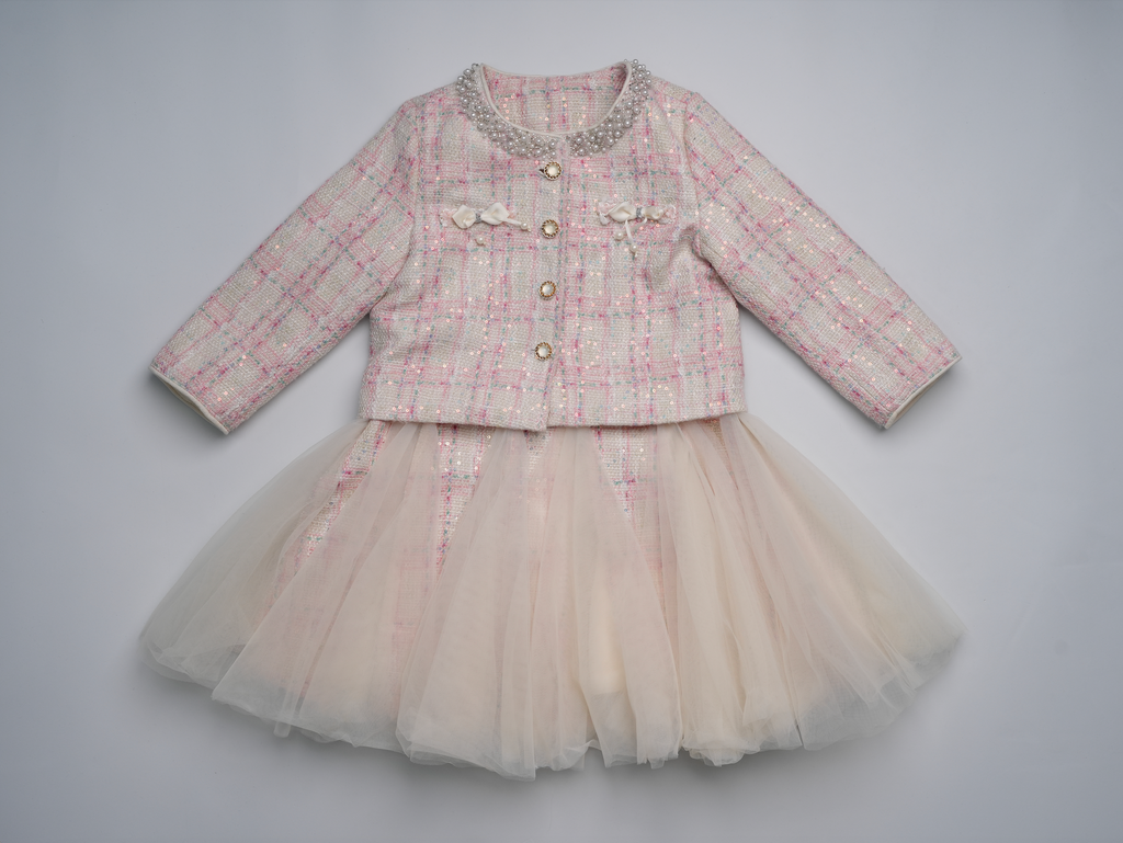 "Coco" Girl's Tweed with Pearls Dress and Jacket Set