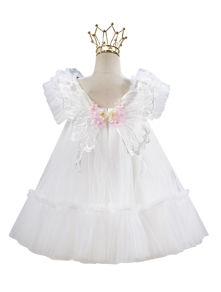 "Seraphina" 3d Flower and Butterfly Girls Tulle Dress with Wings - Ivory - back