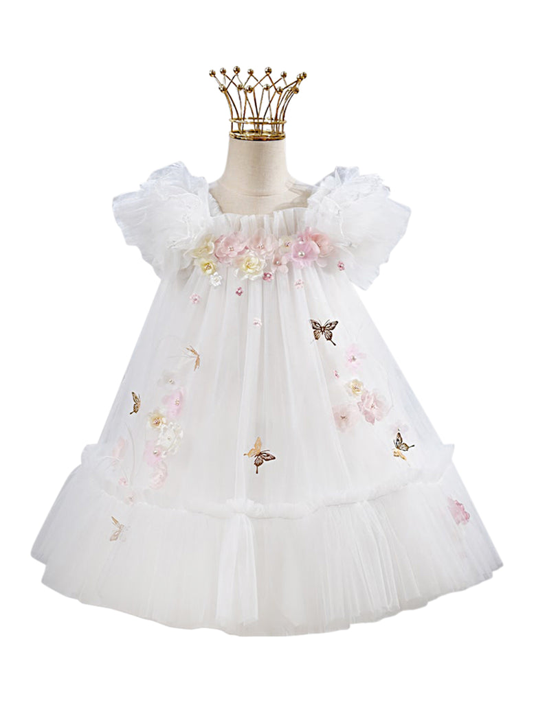 "Seraphina" 3d Flower and Butterfly Girls Tulle Dress with Wings - Ivory - front