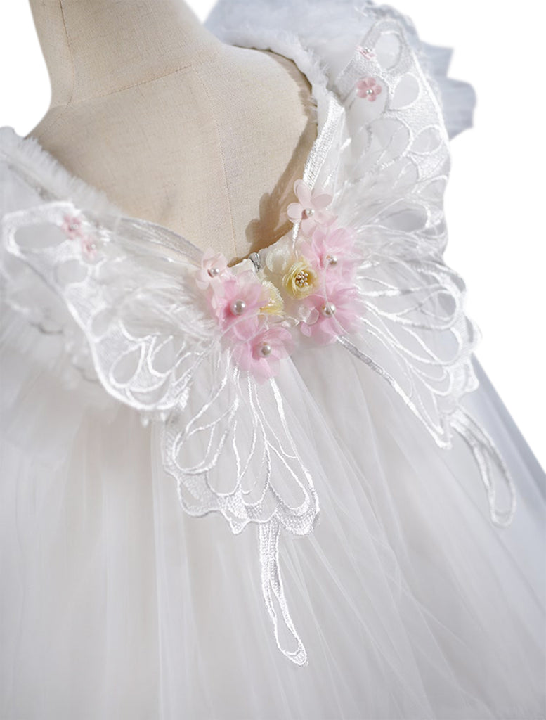 "Seraphina" 3d Flower and Butterfly Girls Tulle Dress with Wings - Ivory - wing detail