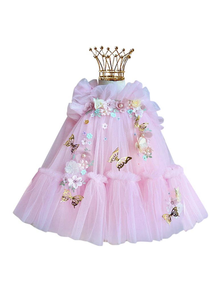 "Seraphina" 3d Flower and Butterfly Girls Tulle Dress with Wings - Pink -  front