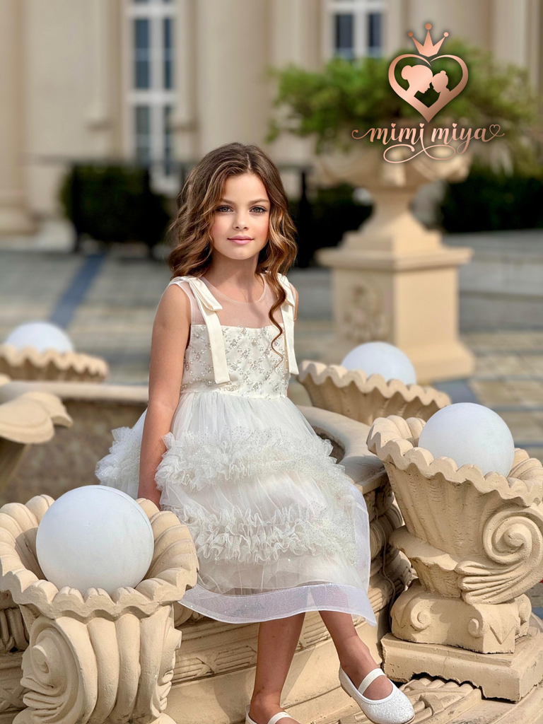 "Estela" Mimi Miya Embellished Tulle with Satin Bow on Shoulder Dress - Cream