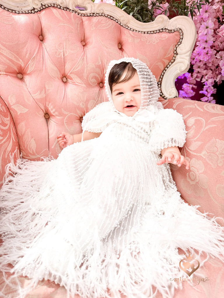 Anja" Girl's Pearl Christening Dress with Feathers | Christening Dresses | Mimi Miya Anja" Girl's Pearl Christening Dress with Feathers | Christening Dresses | Mimi Miya