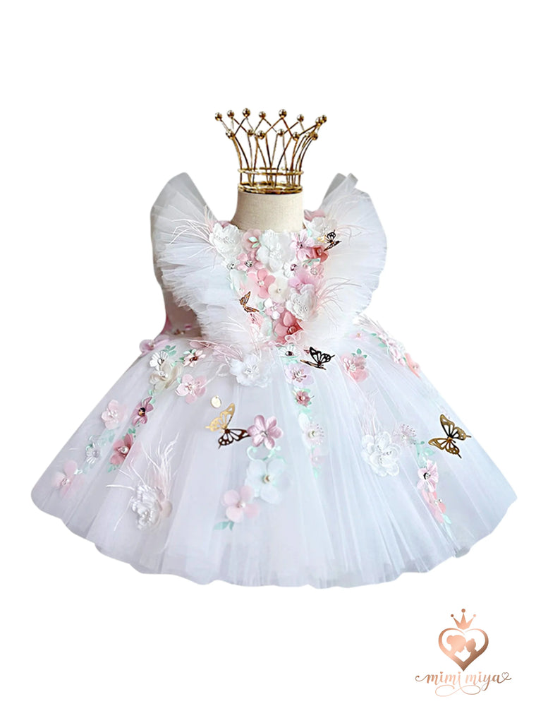 Mimi Miya "Ava" 3D Flower Butterfly Wing Girls Tulle Birthday/Party Dress - White/Pink - front