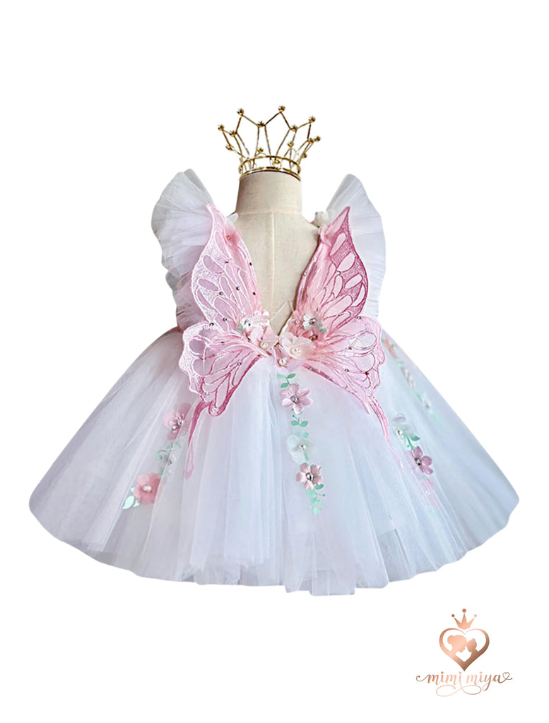 Mimi Miya "Ava" 3D Flower Butterfly Wing Girls Tulle Birthday/Party Dress - White/Pink - back