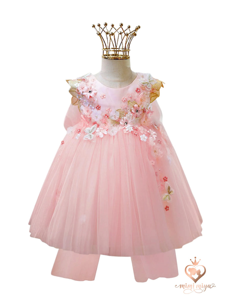 Mimi Miya "Beatrice" 3D Flower Golden Lace Girls Birthday/Party Tulle Dress - Pink - front