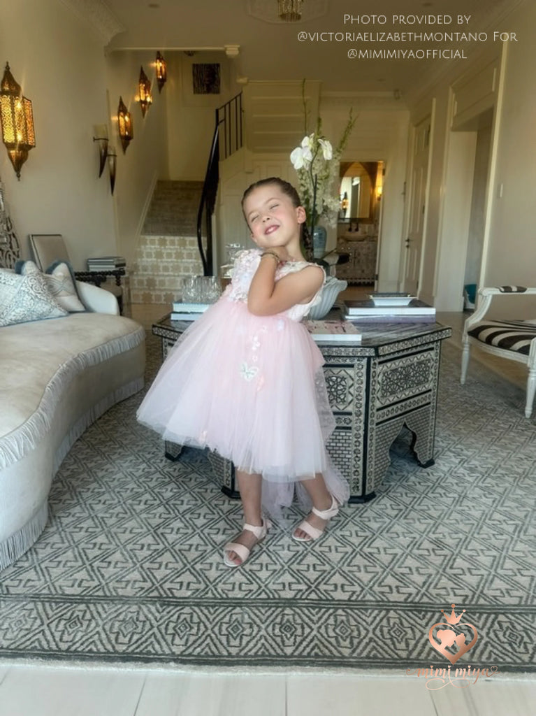 ’Beatrice’ 3D Flower Golden Lace Girls Birthday/Party Tulle Dress - Pink
