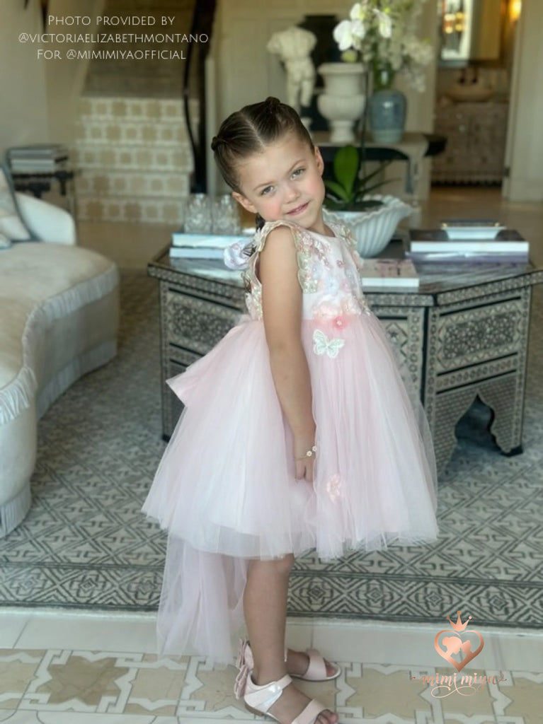 ’Beatrice’ 3D Flower Golden Lace Girls Birthday/Party Tulle Dress - Pink