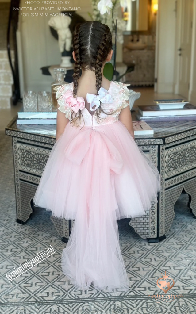 ’Beatrice’ 3D Flower Golden Lace Girls Birthday/Party Tulle Dress - Pink