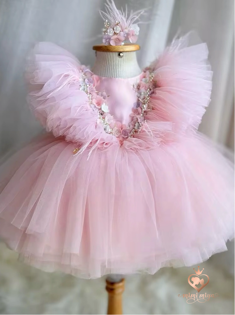 “Flor” 3D Flower Beaded Pink Tulle Girl’s Dress