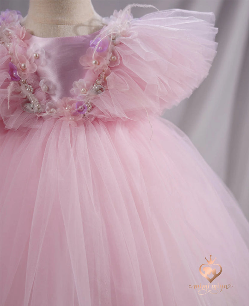 “Flor” 3D Flower Beaded Pink Tulle Girl’s Dress