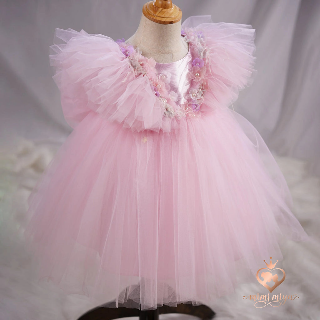 “Flor” 3D Flower Beaded Pink Tulle Girl’s Dress