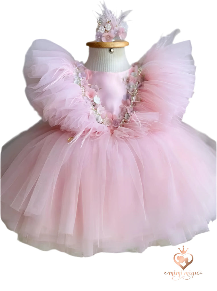 “Flor” 3D Flower Beaded Pink Tulle Girl’s Dress