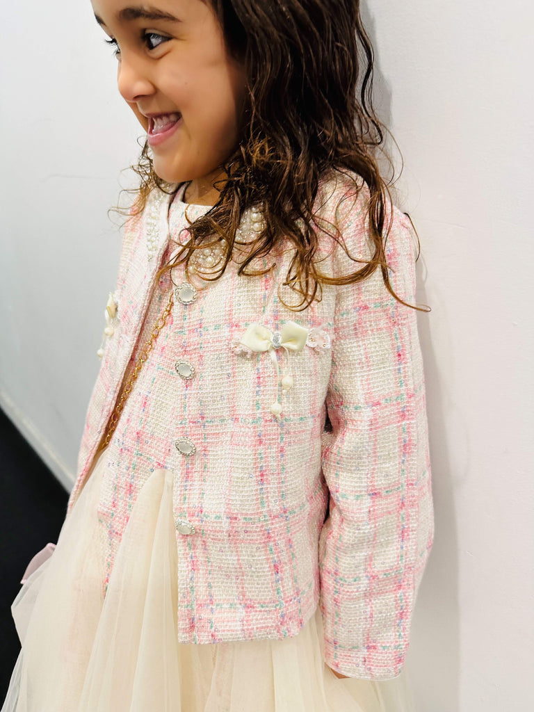 "Coco" Girl's Tweed with Pearls Dress and Jacket Set