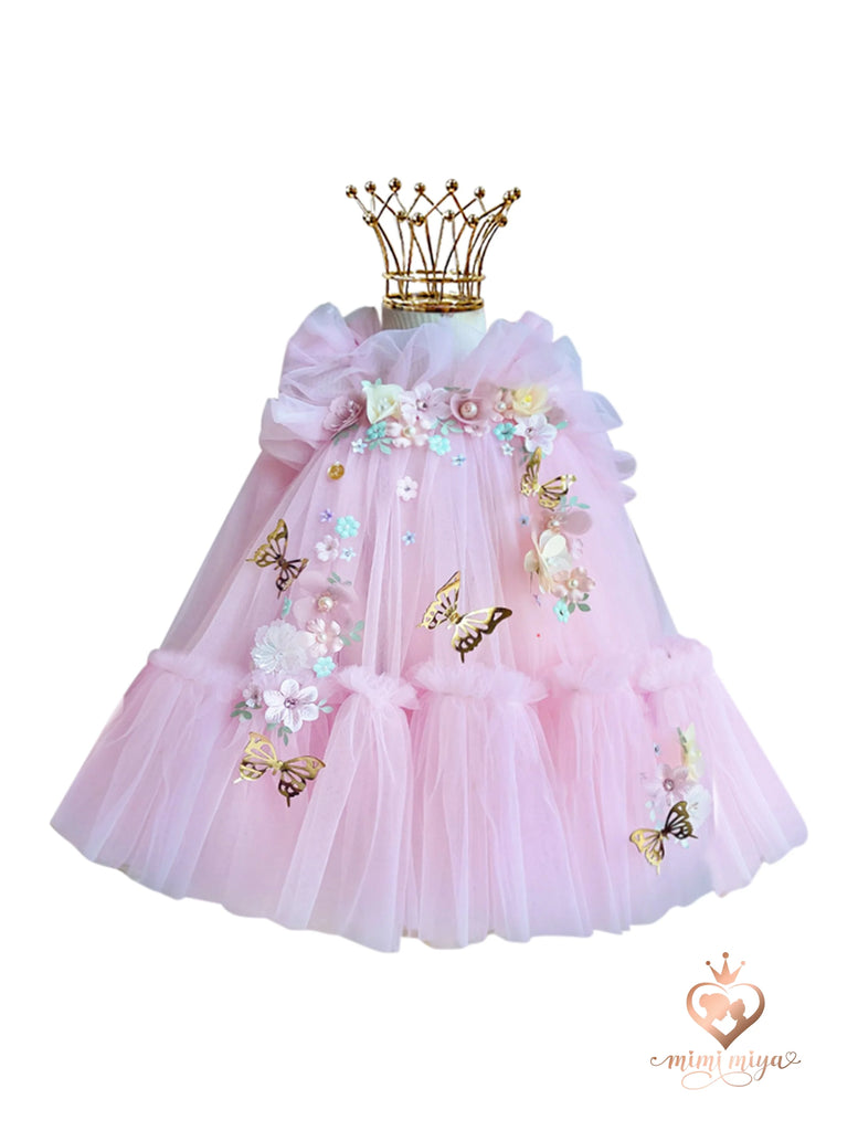 "Seraphina" 3d Flower and Butterfly Girls Tulle Dress with Wings - Pink -  front