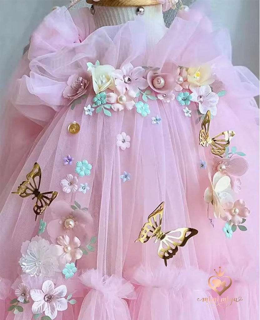 ’Seraphina’ 3d Flower and Butterfly Girls Tulle Dress with Wings - Pink