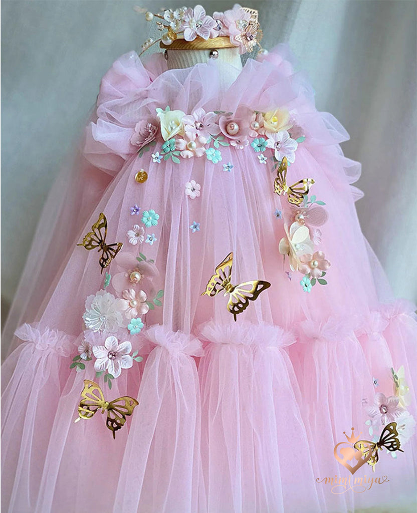 ’Seraphina’ 3d Flower and Butterfly Girls Tulle Dress with Wings - Pink