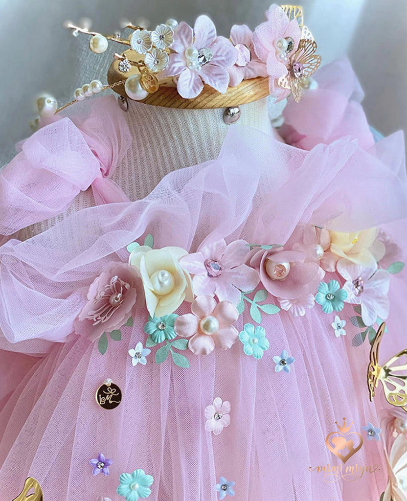 ’Seraphina’ 3d Flower and Butterfly Girls Tulle Dress with Wings - Pink