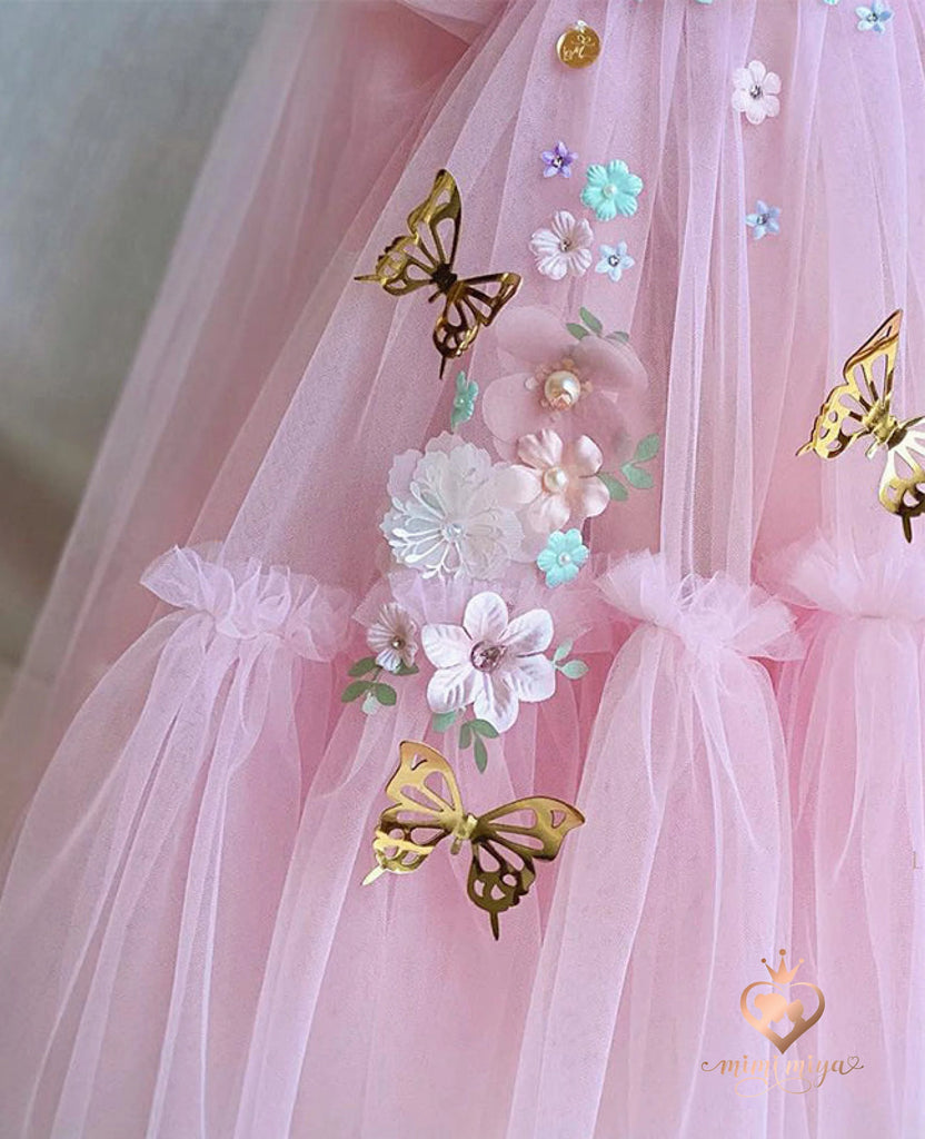 ’Seraphina’ 3d Flower and Butterfly Girls Tulle Dress with Wings - Pink