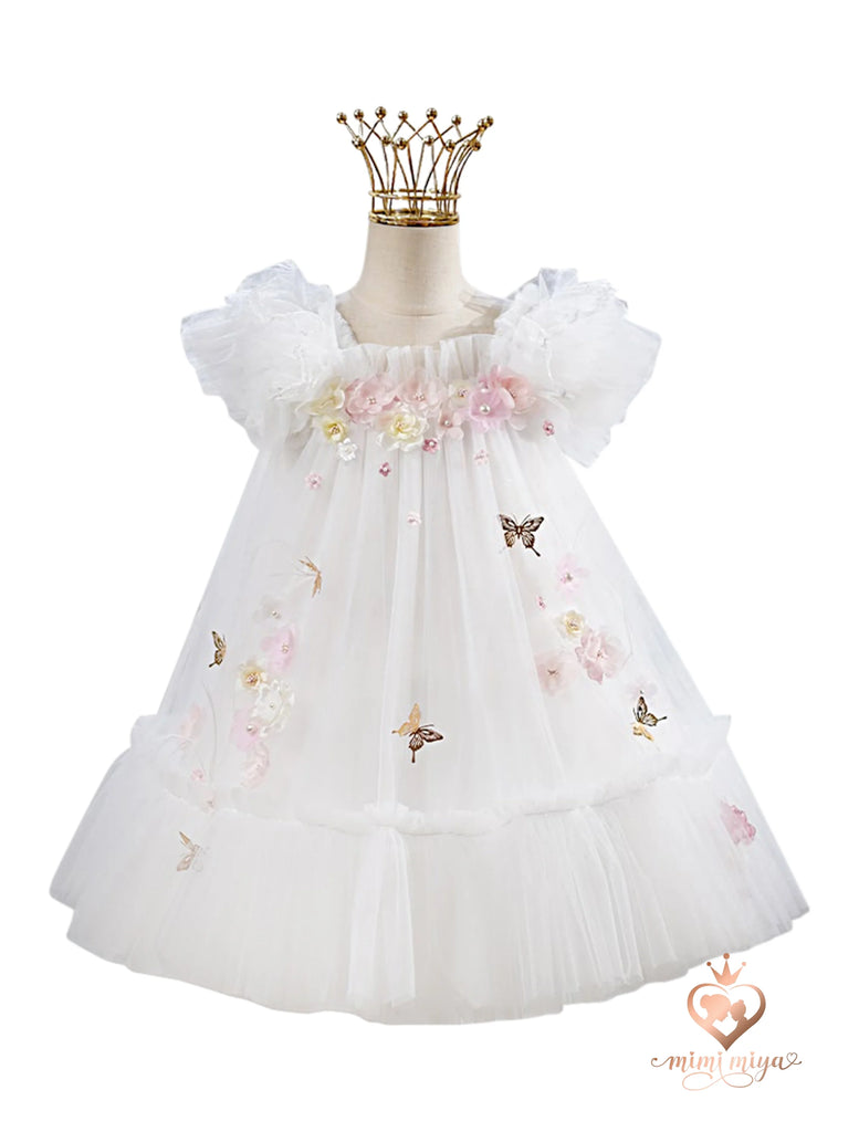 "Seraphina" 3d Flower and Butterfly Girls Tulle Dress with Wings - Ivory - front