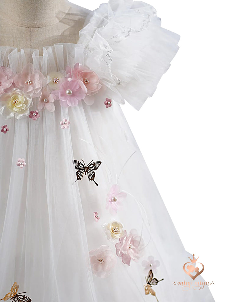 ’Seraphina’ 3d Flower and Butterfly Girls Tulle Dress with Wings - White