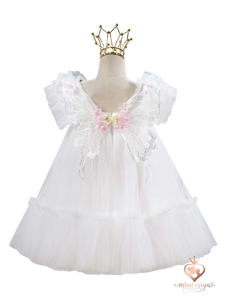 "Seraphina" 3d Flower and Butterfly Girls Tulle Dress with Wings - Ivory - back