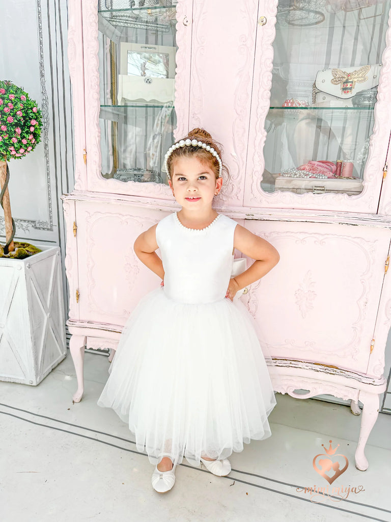 ’Sophia’ Mimi Miya Couture Flower Girl Mikado and Tulle Dress with Pearls Flower Girl / Holy Communion Dress